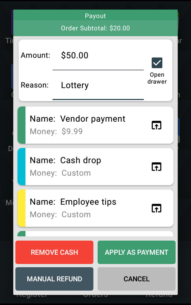 The payout screen: the order is $20.00, the lottery ticket is $50.00.